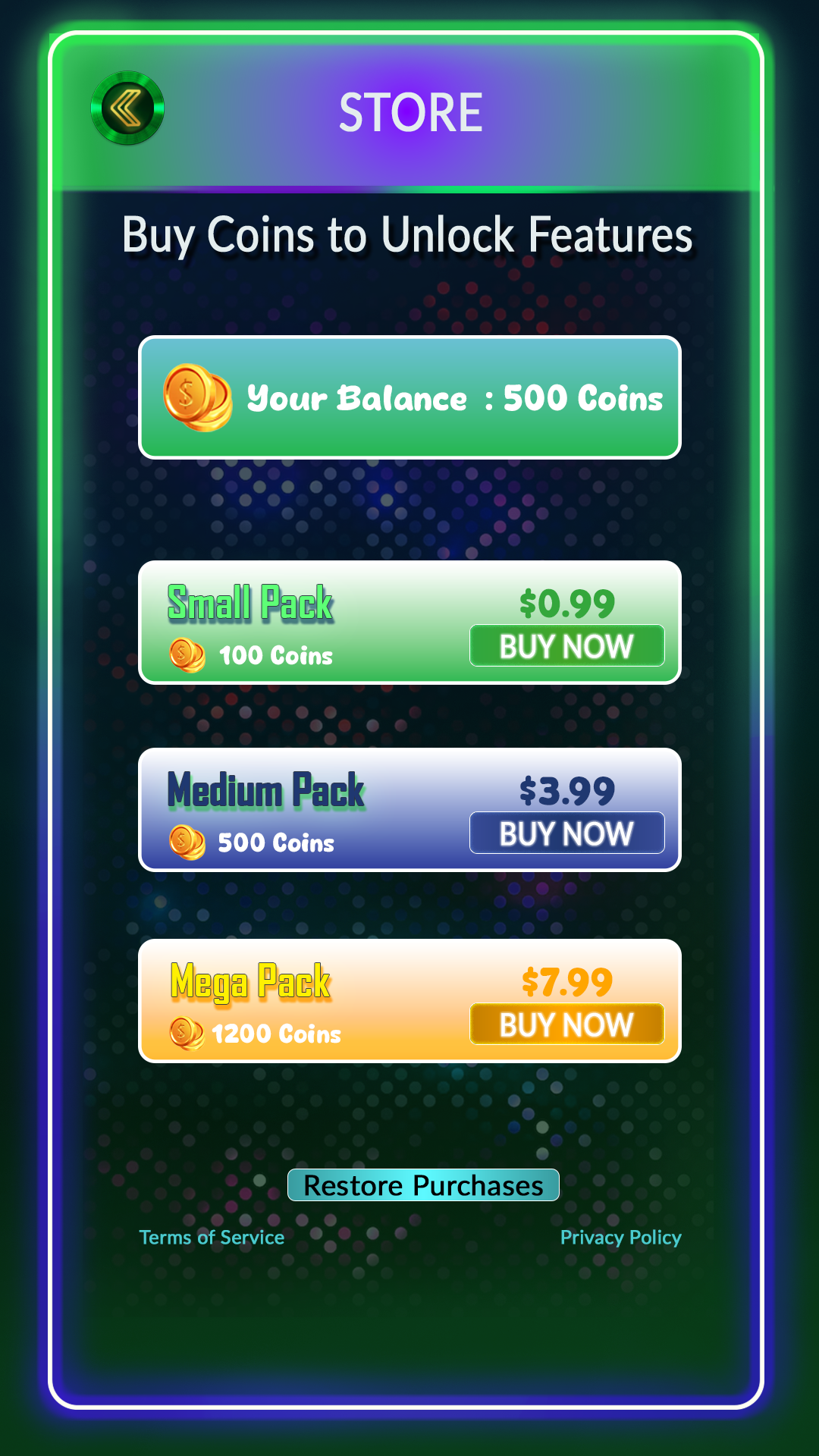 Store - Buy coins to unlock features